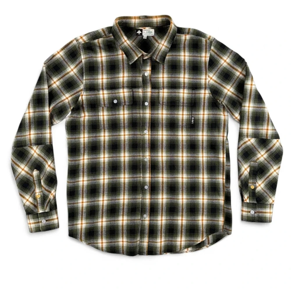 LRG‎ Lifted Research Group Shirt Mens L Green Plaid Flannel Buttoned Long Sleeve